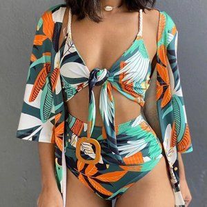 Tropical-Print Bikini Set W/ Coverup